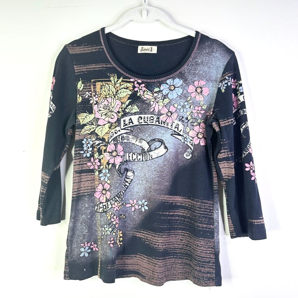 Jamee J Top Women S Black Multi 3/4 Slv Vintage Rhinestone Embellished Y2K Retro